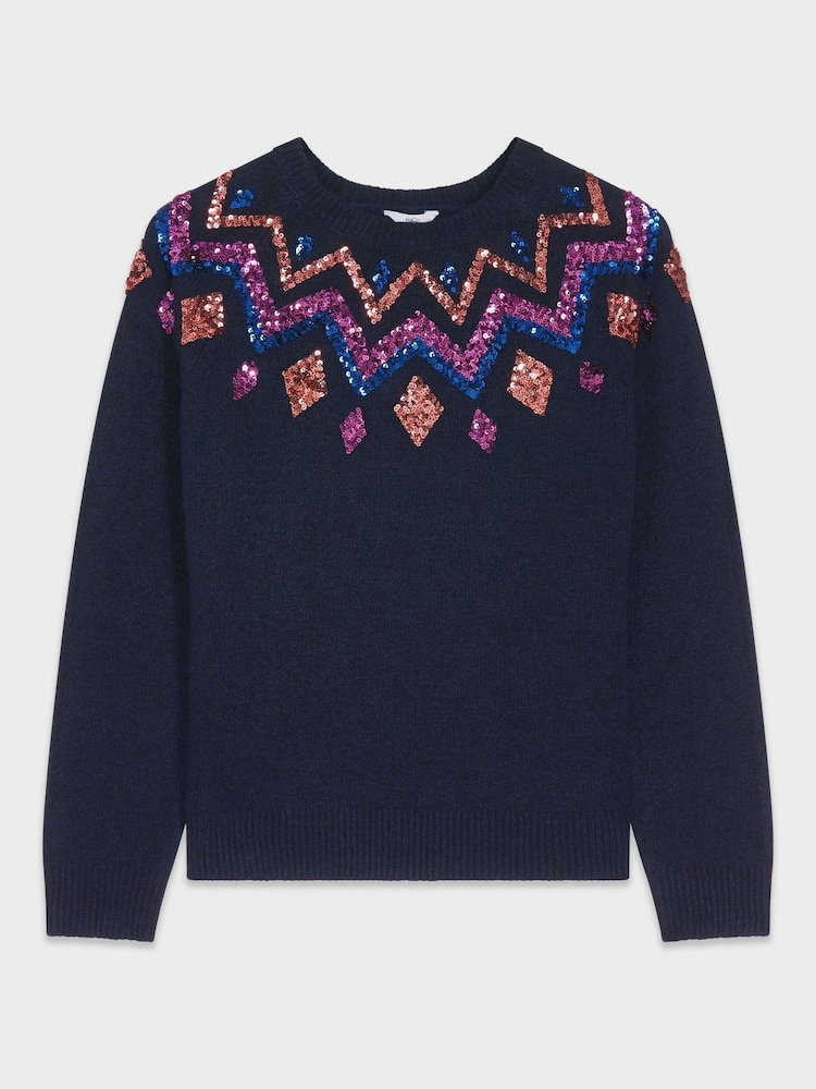M&Co Petite Blue Sequin Fairisle Pattern Jumper - Image 1 of 1