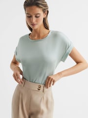 Reiss Mint Helen Silk Front Crew Neck T-Shirt - Image 1 of 6