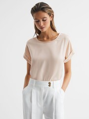 Reiss Nude Helen Silk Front Crew Neck T-Shirt - Image 1 of 5