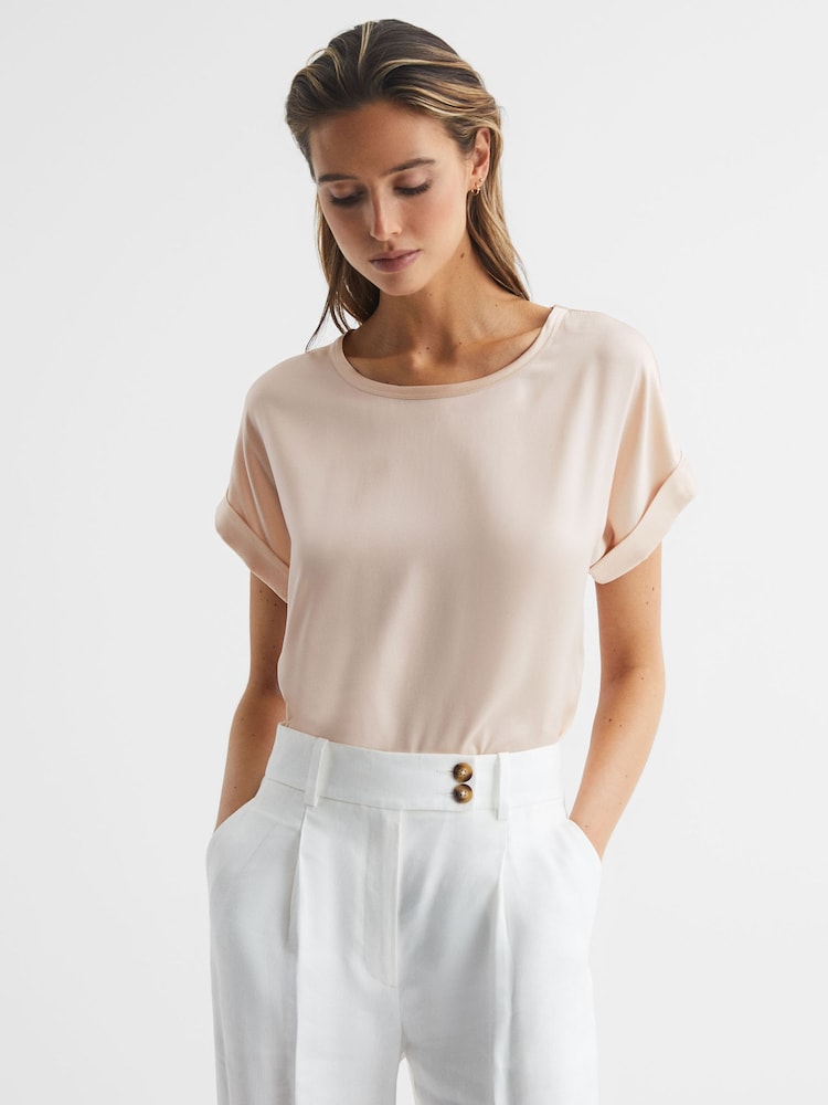 Reiss Nude Helen Silk Front Crew Neck T-Shirt - Image 1 of 5