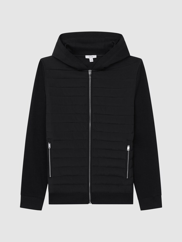 Reiss Black Taylor Hybrid Zip Quilted Hooded Jacket - Image 2 of 5