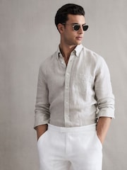 Reiss Stone Melange Queens Regular Fit Button Down Linen Shirt - Image 1 of 6