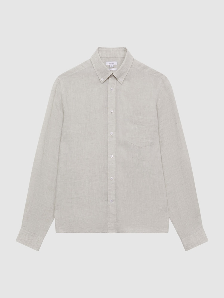 Reiss Stone Melange Queens Regular Fit Button Down Linen Shirt - Image 2 of 6
