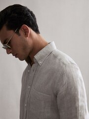 Reiss Stone Melange Queens Regular Fit Button Down Linen Shirt - Image 3 of 6