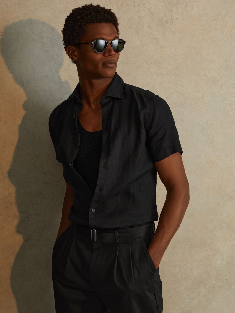 Reiss Black Holiday Slim Fit Linen Shirt - Image 1 of 5