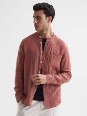 Reiss Sienna Ocean Linen Grandad Collar Shirt - Image 1 of 6
