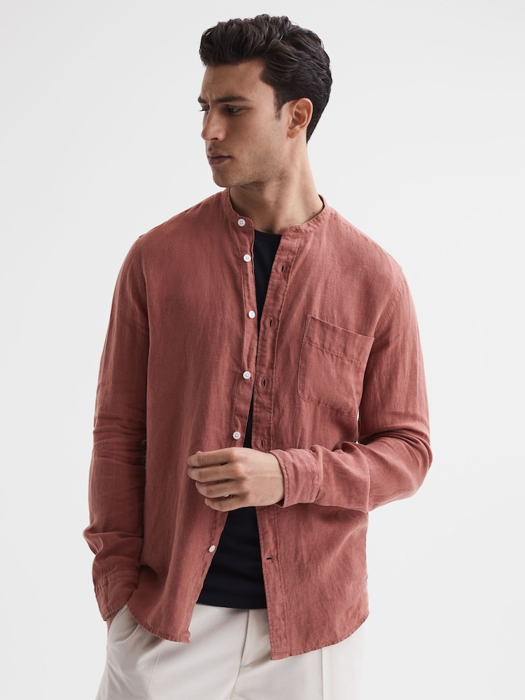 Reiss Sienna Ocean Linen Grandad Collar Shirt - Image 1 of 6