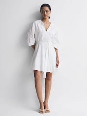 Reiss Cream Freida Relaxed Fit Self-Tie Mini Dress With Linen - Image 1 of 6