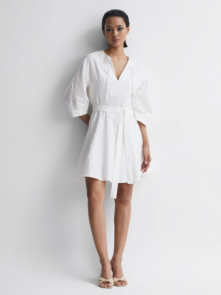 Reiss Cream Freida Relaxed Fit Self-Tie Mini Dress With Linen - Image 1 of 6