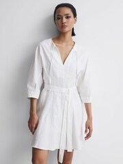 Reiss Cream Freida Relaxed Fit Self-Tie Mini Dress With Linen - Image 6 of 6