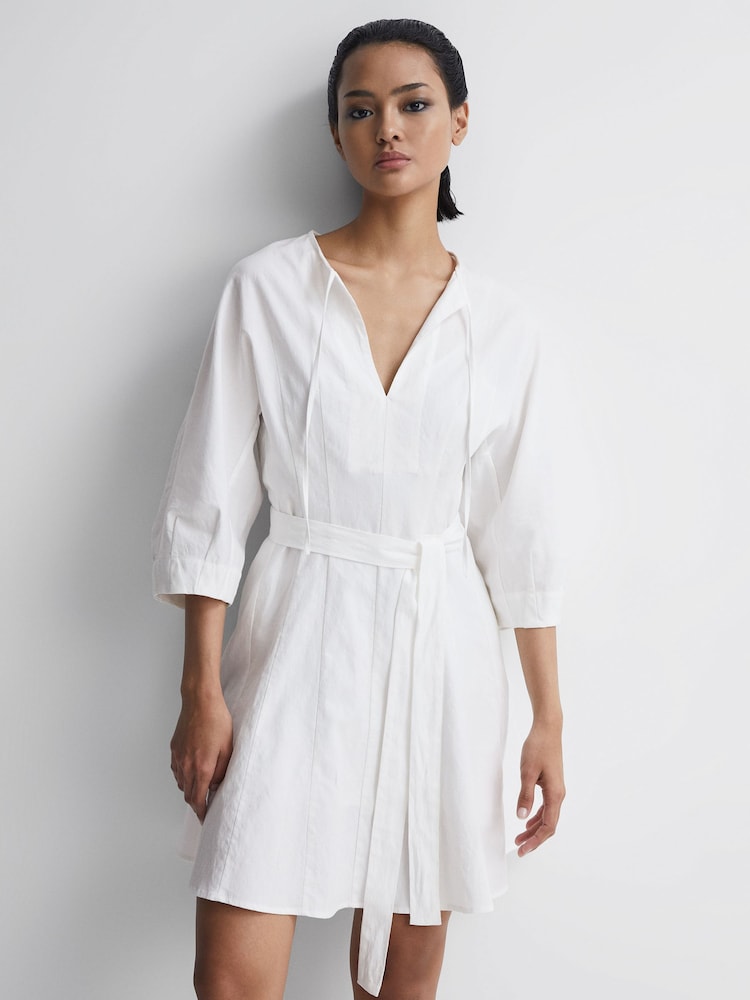 Reiss Cream Freida Relaxed Fit Self-Tie Mini Dress With Linen - Image 6 of 6