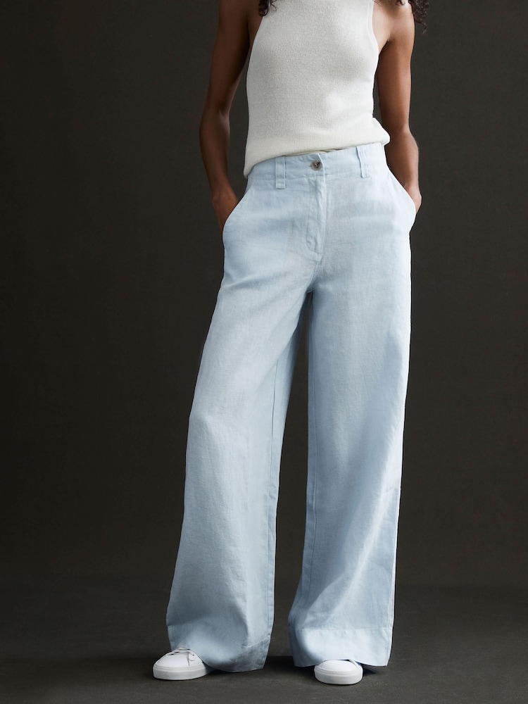 Reiss Ice Blue Demi Linen Wide Leg Garment Dyed Trousers - Image 1 of 5