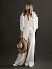 Reiss White Demi Linen Wide Leg Garment Dyed Trousers - Image 1 of 5