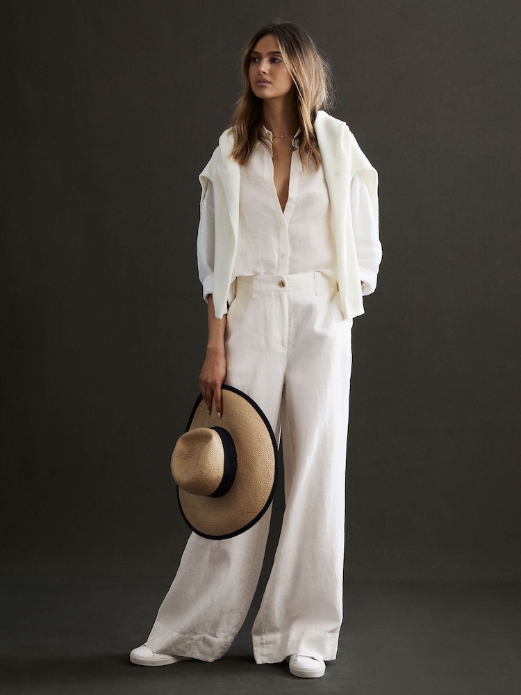 Reiss White Demi Linen Wide Leg Garment Dyed Trousers - Image 1 of 5