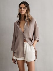 Reiss Stone Cleo Linen High Rise Drawstring Shorts - Image 3 of 5