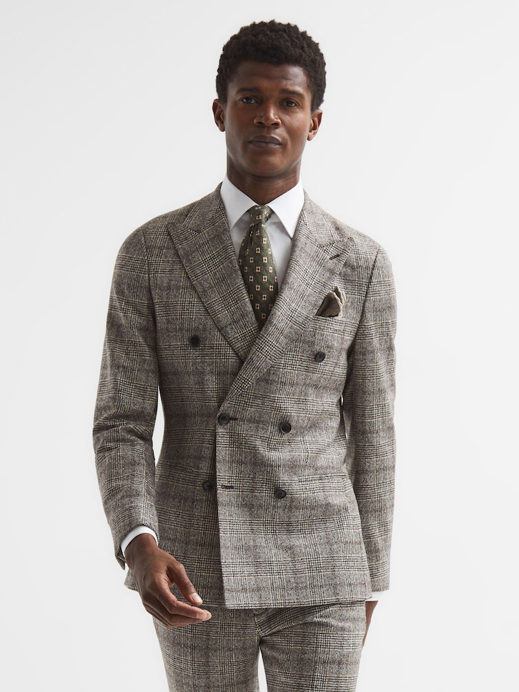 Reiss Brown Alfredo Slim Fit Double Breasted Prince Of Wales Check Blazer - Image 1 of 9 Reiss Brown Alfredo Slim Fit Double Breasted Prince Of Wales Check Blazer - Image 1 of 9