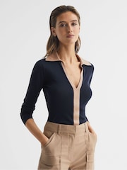 Reiss Navy/Camel Allie Collared V-Neck Top - Image 1 of 5
