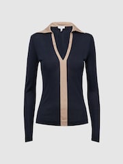 Reiss Navy/Camel Allie Collared V-Neck Top - Image 2 of 5