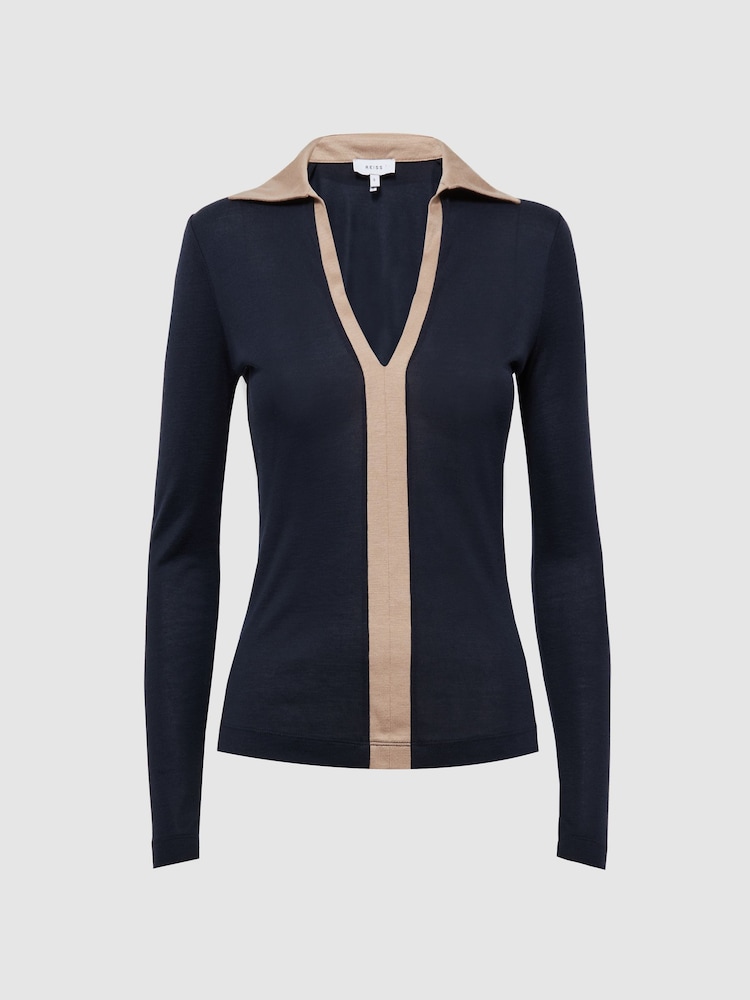 Reiss Navy/Camel Allie Collared V-Neck Top - Image 2 of 5