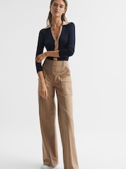 Reiss Navy/Camel Allie Collared V-Neck Top - Image 3 of 5