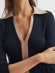 Reiss Navy/Camel Allie Collared V-Neck Top - Image 4 of 5