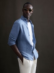 Reiss Airforce Blue Ruban Linen Button-Through Shirt - Image 1 of 5