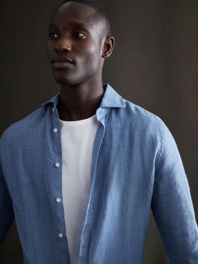 Reiss Airforce Blue Ruban Linen Button-Through Shirt - Image 5 of 5