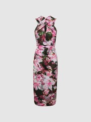 Reiss Pink Ella Floral Print Halter Midi Dress - Image 2 of 6