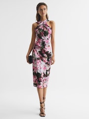 Reiss Pink Ella Floral Print Halter Midi Dress - Image 6 of 6