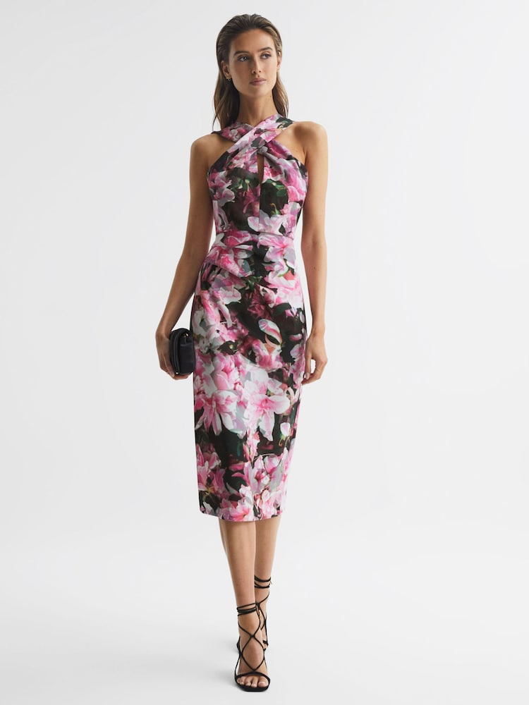 Reiss Pink Ella Floral Print Halter Midi Dress - Image 6 of 6
