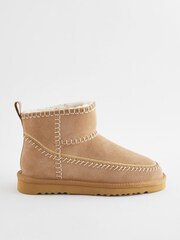 Tan Brown Shower Repellent Faux Borg Lined Suede Stiched Boots - Image 2 of 8