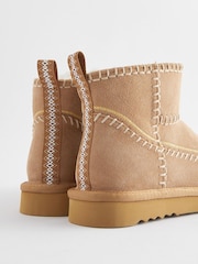 Tan Brown Shower Repellent Faux Borg Lined Suede Stiched Boots - Image 4 of 8