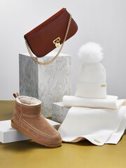 Tan Brown Shower Repellent Faux Borg Lined Suede Stiched Boots - Image 6 of 8