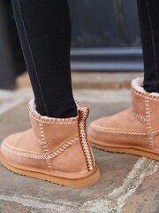 Tan Brown Shower Repellent Faux Borg Lined Suede Stiched Boots - Image 8 of 8