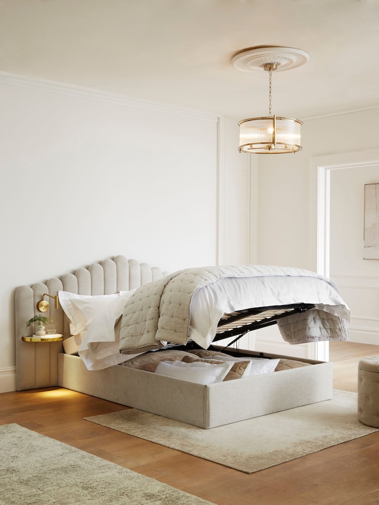 Soft Texture Light Natural Adele Upholstered Hotel Bed Frame with Ottoman Storage, Bedside Tables and Lights - Image 2 of 8