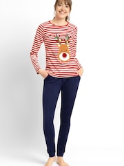 JoJo Maman Bébé Red Women's Reindeer Pyjama Set - Image 1 of 5