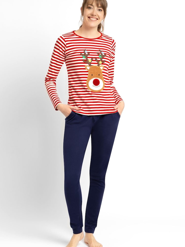 JoJo Maman Bébé Red Women's Reindeer Pyjama Set - Image 1 of 5