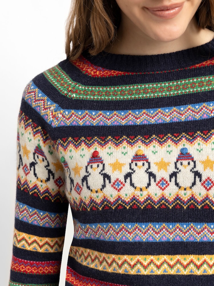 JoJo Maman Bébé Navy Blue Womens Penguin Fair Isle Pattern Jumper - Image 3 of 5