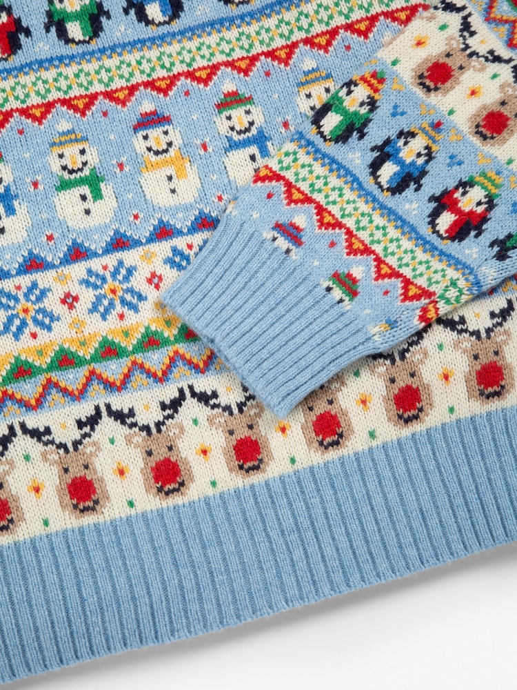 JoJo Maman Bébé Blue Mens Snowman Fair Isle Pattern Jumper - Image 4 of 4