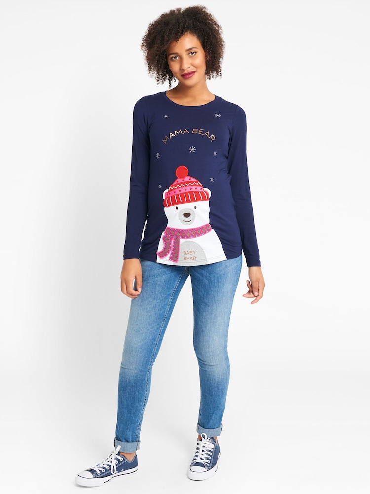 JoJo Maman Bébé Navy Mama Bear Christmas Maternity Top - Image 1 of 3