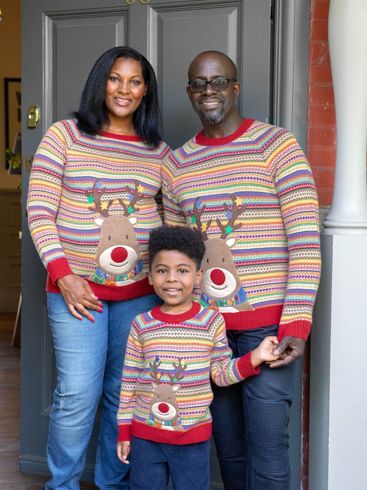 JoJo Maman Bébé Multi Mens Reindeer Appliqué Fair Isle Pattern Jumper - Image 1 of 4