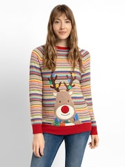 JoJo Maman Bébé Multi Womens Reindeer Appliqué Fair Isle Pattern Jumper - Image 1 of 4