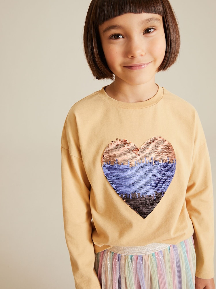 Neutral Long Sleeve Sequin Heart T-Shirt (3-16yrs) - Image 1 of 1 Neutral Long Sleeve Sequin Heart T-Shirt (3-16yrs) - Image 1 of 1