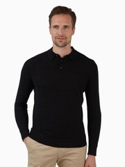 Jeff Banks Black Jeff Banks Grey 100% Cotton Long Sleeve Knit Polo Shirt - Image 1 of 4