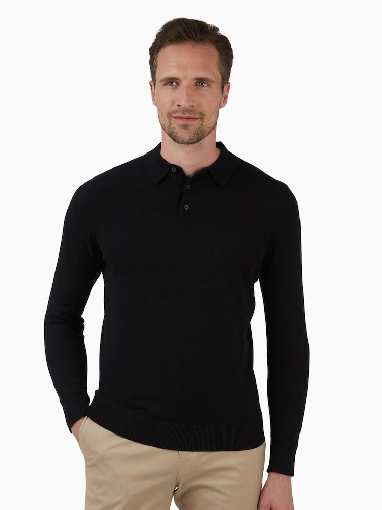Jeff Banks Black Jeff Banks Grey 100% Cotton Long Sleeve Knit Polo Shirt - Image 1 of 4