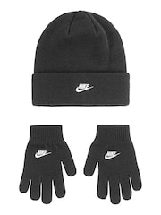 Nike Black Club Older Kids Knitted Beanie Hat and Gloves Set 8-15yrs - Image 1 of 2