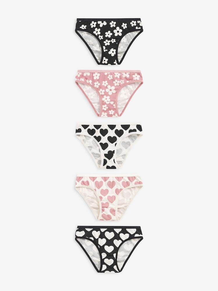 Pink/Black/White Heart 5 Pack Bikini Briefs (2-16yrs) - Image 1 of 7