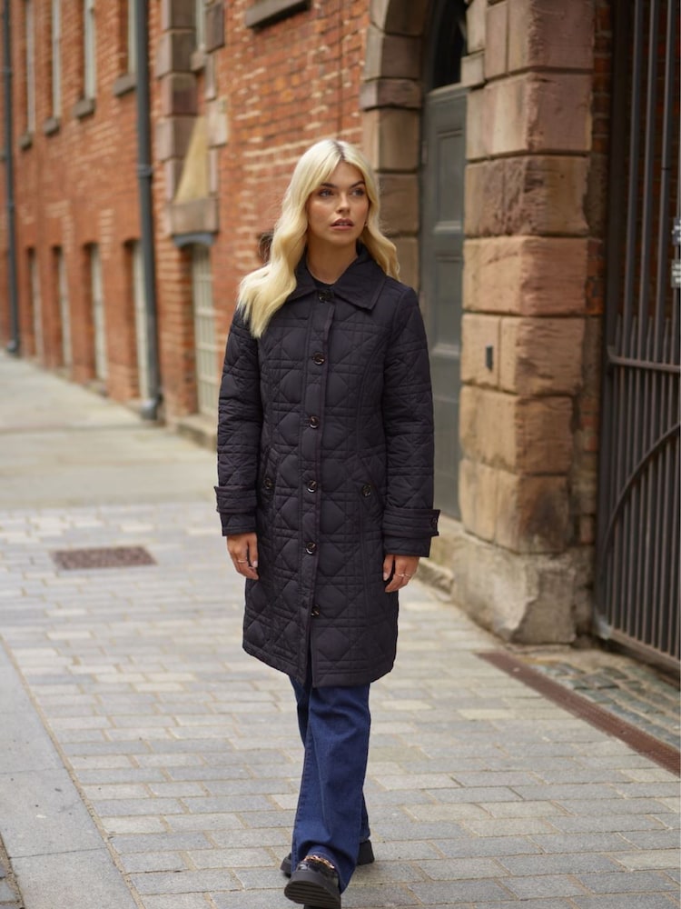 Another Sunday Diamond Quilted Padded Lightweight Midi Coat with Collar In Black - Image 1 of 5