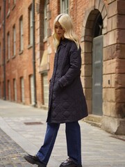 Another Sunday Diamond Quilted Padded Lightweight Midi Coat with Collar In Black - Image 2 of 5