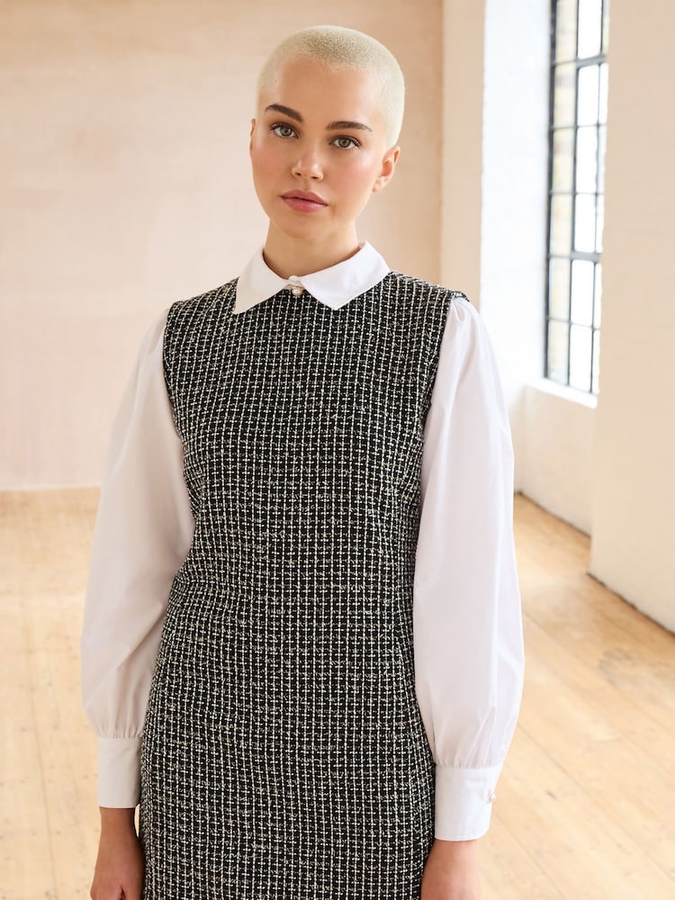 Schwarz/Weiss Tweed - Langärmeliges 2-in-1-Minikleid - Bild 1 von 7